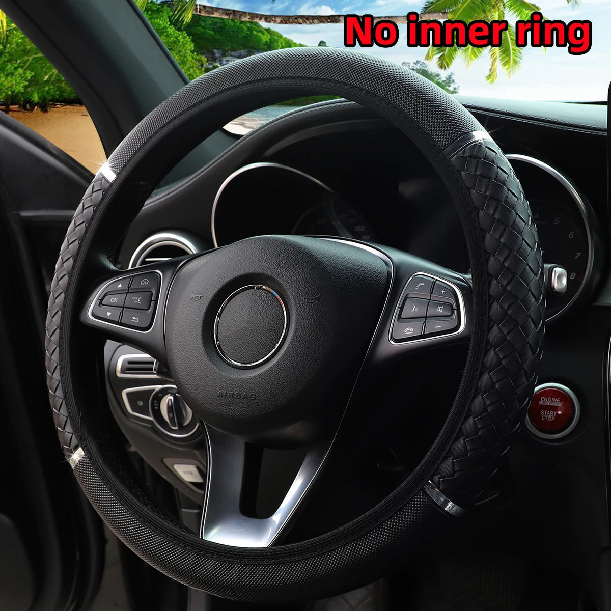 14.5–15" PU Braided Leather Steering Wheel Cover Universal Metal Accent Rimless Cover