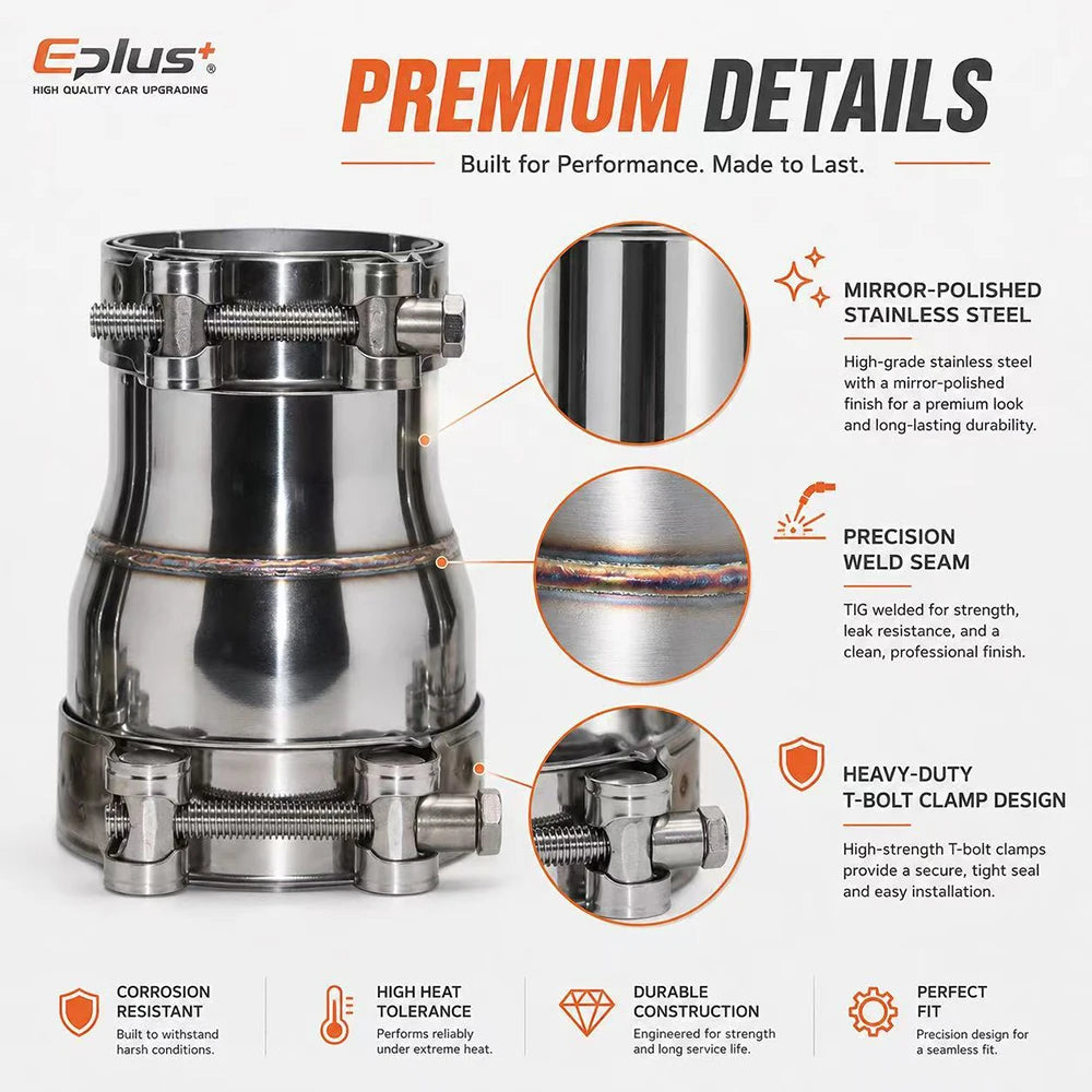 EPLUS Stainless Steel Exhaust Pipe Reducer Adapter Universal No Weld Connector
