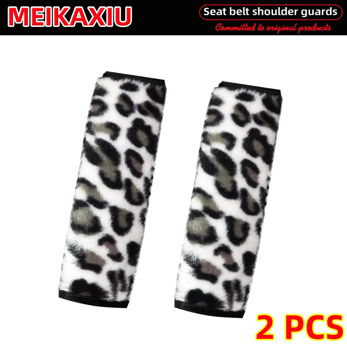 Leopard Print Plush Seat Belt Shoulder Pad Covers Soft Comfort Safety Belt Protectors
