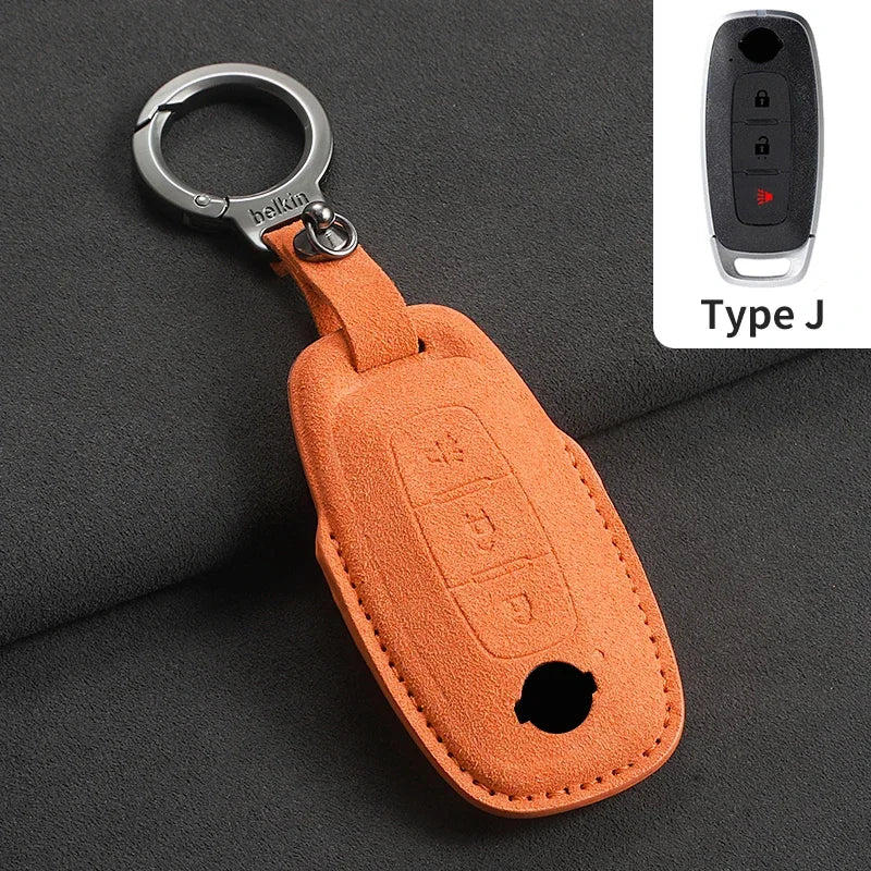 3-Button Suede Smart Key Case Cover with Keyring for Nissan Qashqai X-Trail