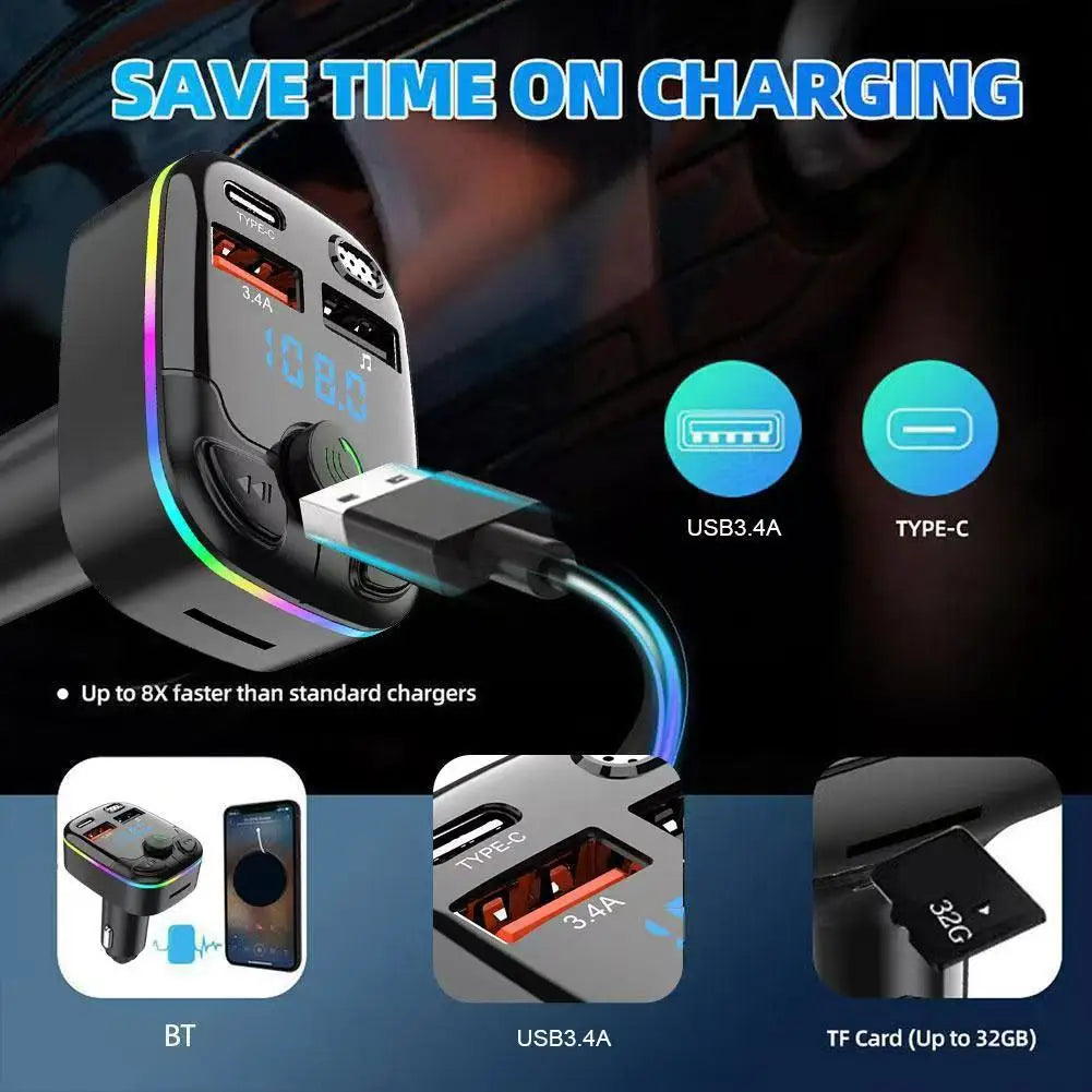 Bluetooth 5.0 FM Transmitter Car Charger PD Type-C Dual USB Handsfree MP3