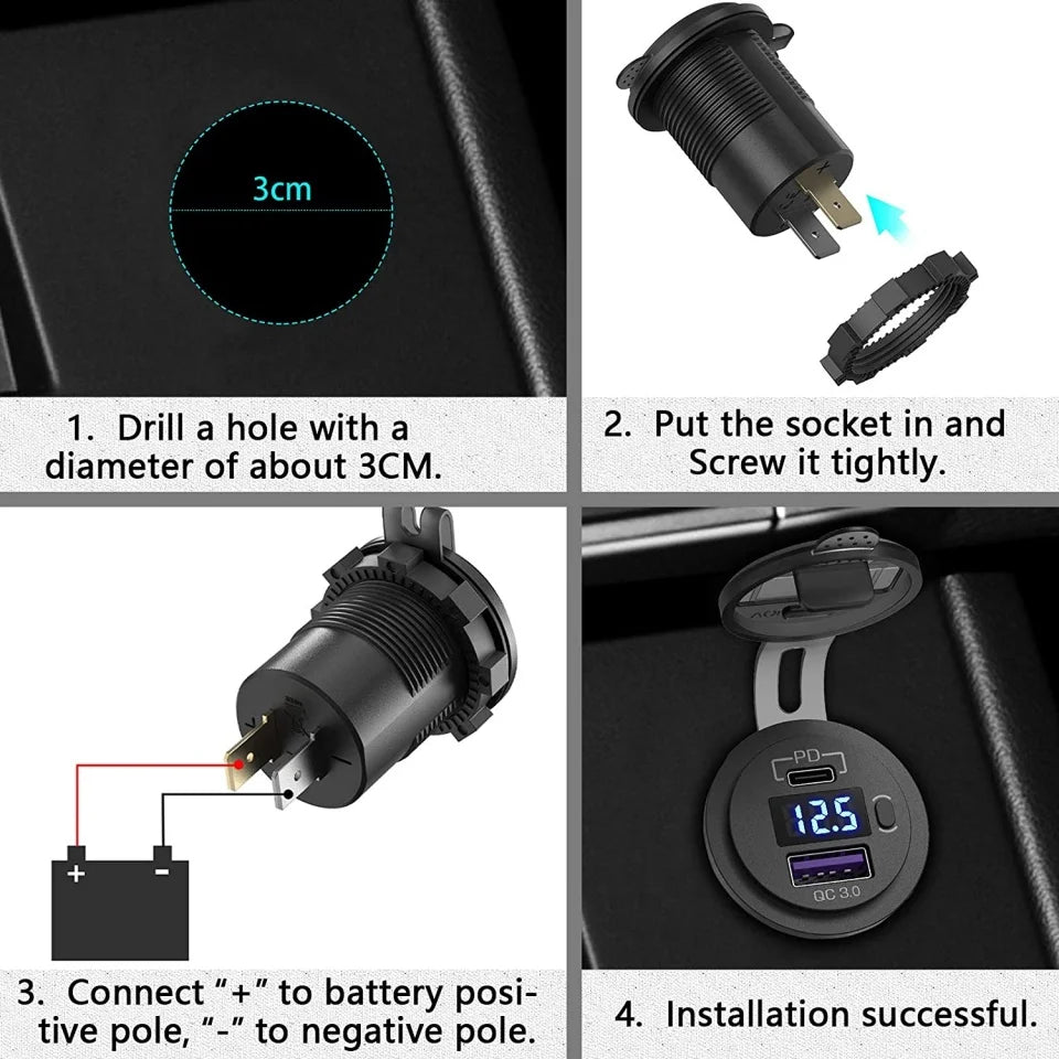 12V 48W USB Charger Socket PD Type C QC3.0 Waterproof Car Boat Marine Truck