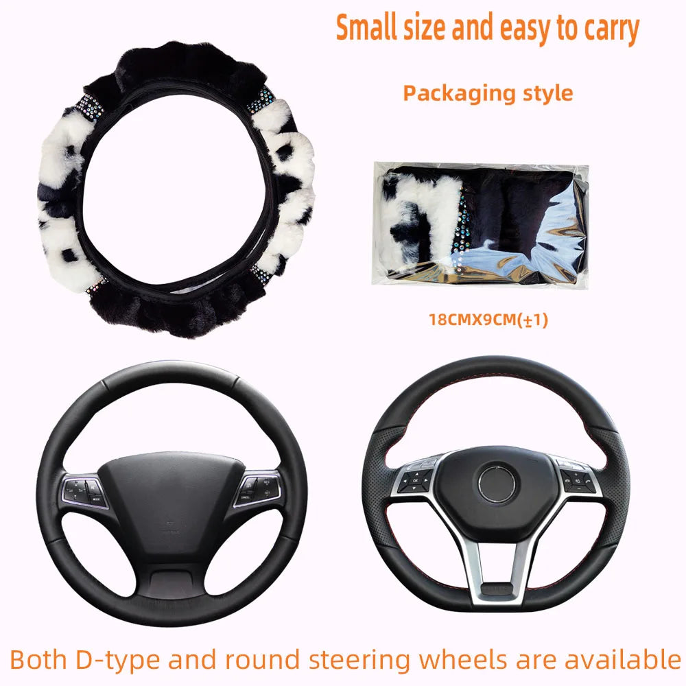 15" Bling Plush Cow Pattern Steering Wheel Cover Winter Warm Rhinestone Universal