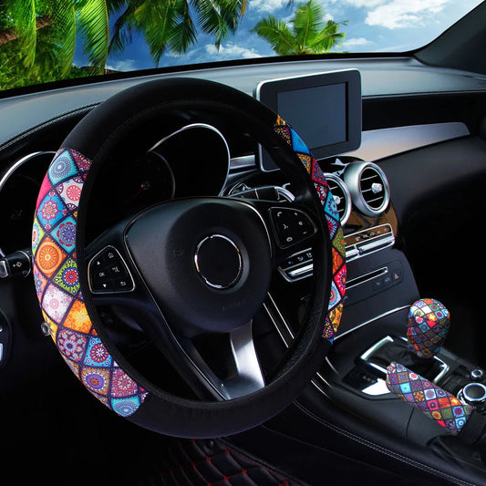 3PCS Fabric Checker Flower & Spider Web Car Interior Cover Set Steering Wheel