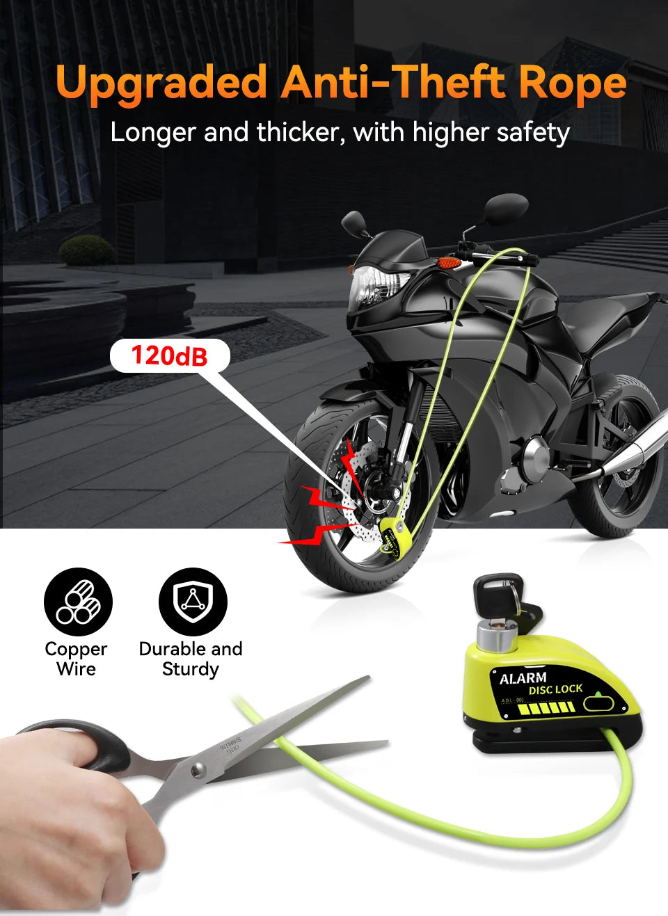 Motorcycle Alarm Disc Brake Lock 120dB Anti Theft Wheel Lock Scooter Bicycle