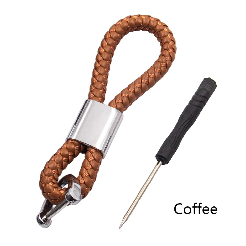 Hand-Woven Leather Car Keychain with Horseshoe Buckle