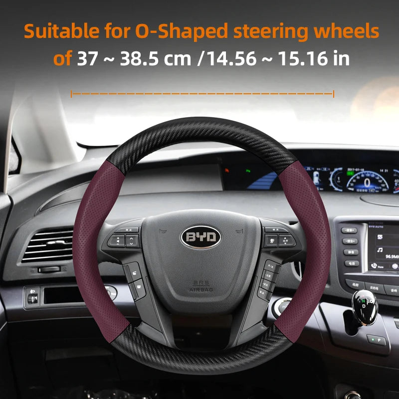 Leather Carbon Fiber Steering Wheel Cover for BYD Breathable Matte Universal Fit