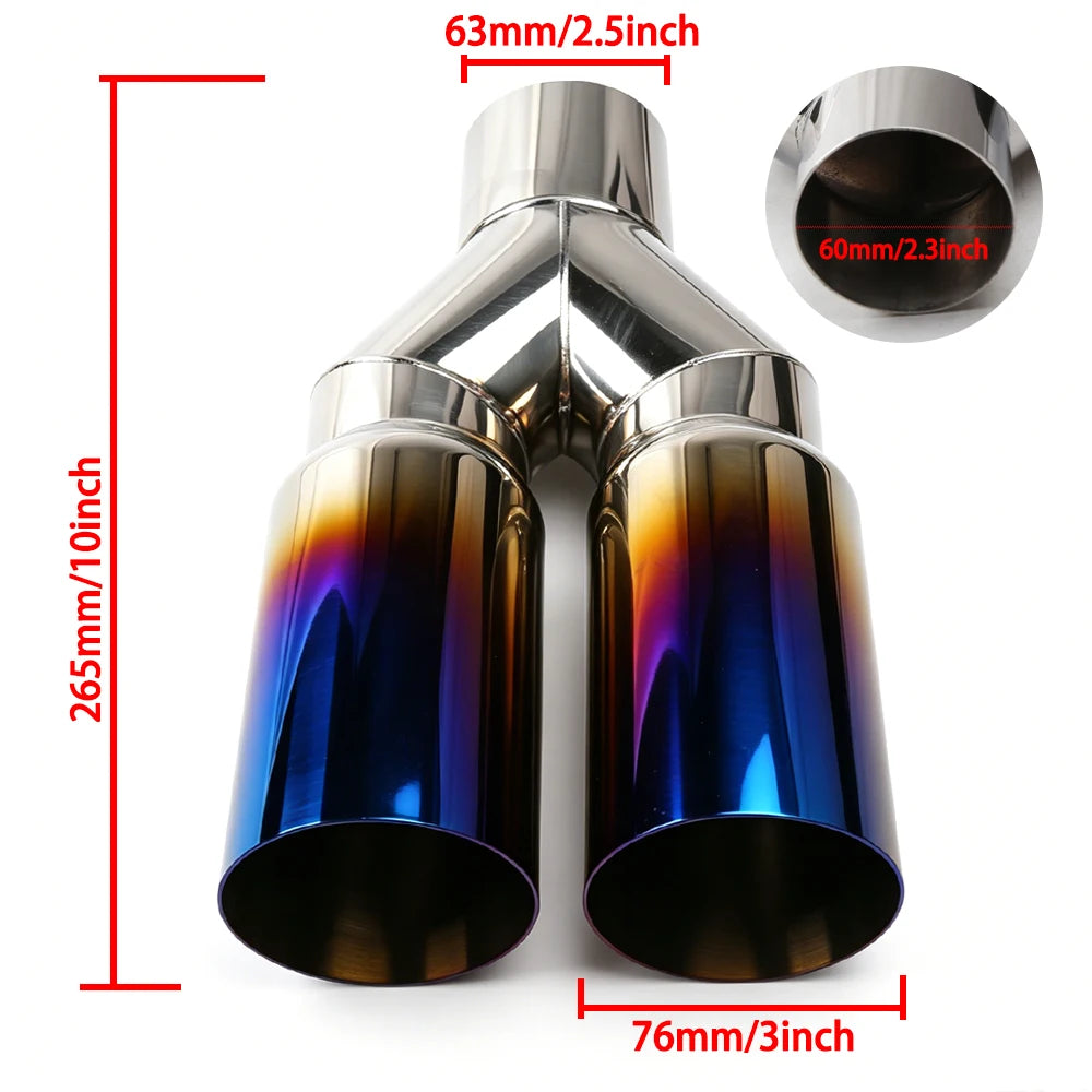 Universal 63mm Inlet to 76mm Dual Outlet Stainless Steel Exhaust Tailpipe Muffler Tip