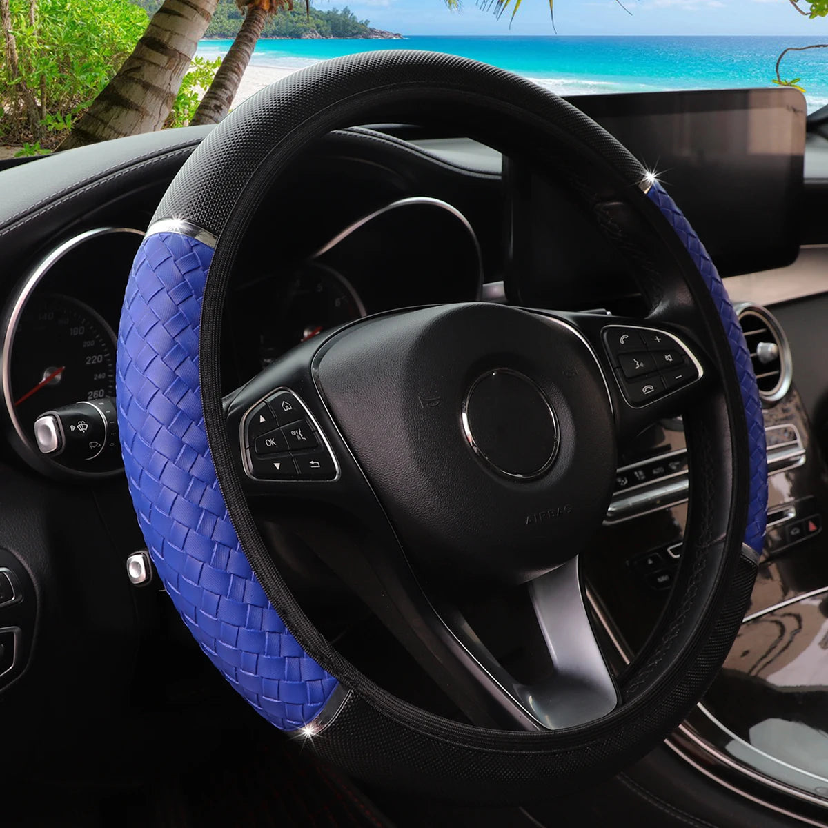 14.5–15" PU Braided Leather Steering Wheel Cover Universal Metal Accent Rimless Cover