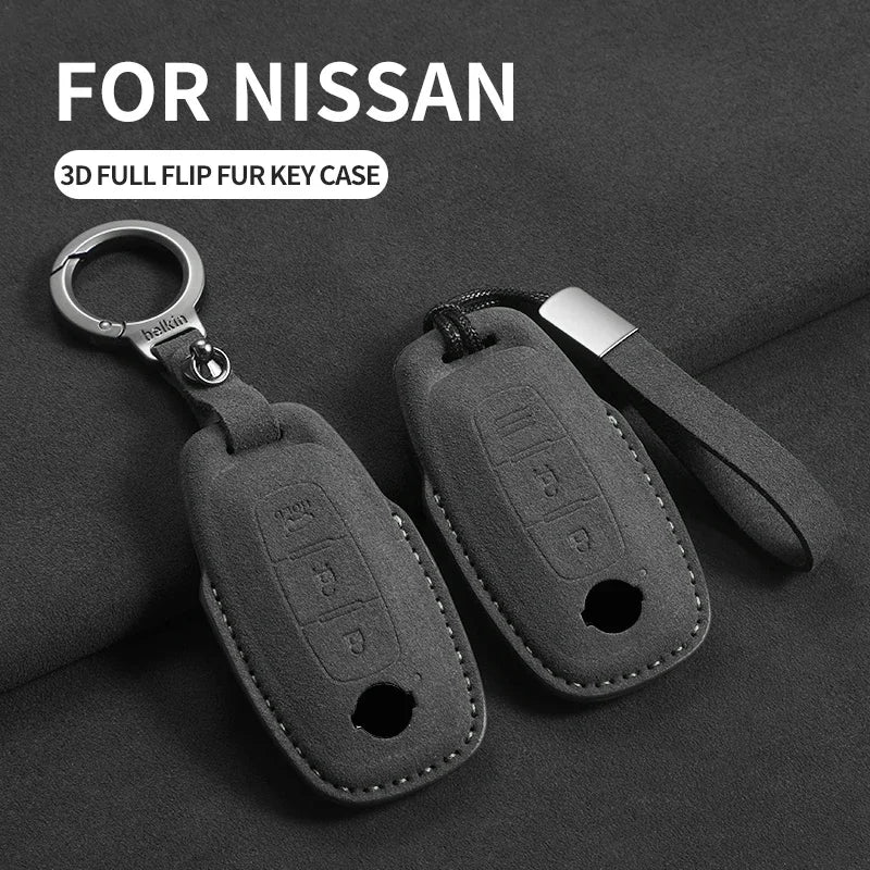 3-Button Suede Smart Key Case Cover with Keyring for Nissan Qashqai X-Trail