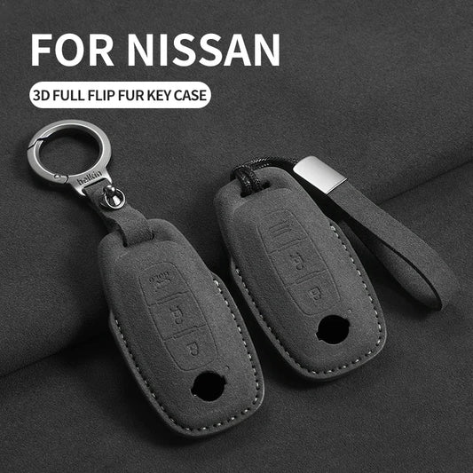 3-Button Suede Smart Key Case Cover with Keyring for Nissan Qashqai X-Trail