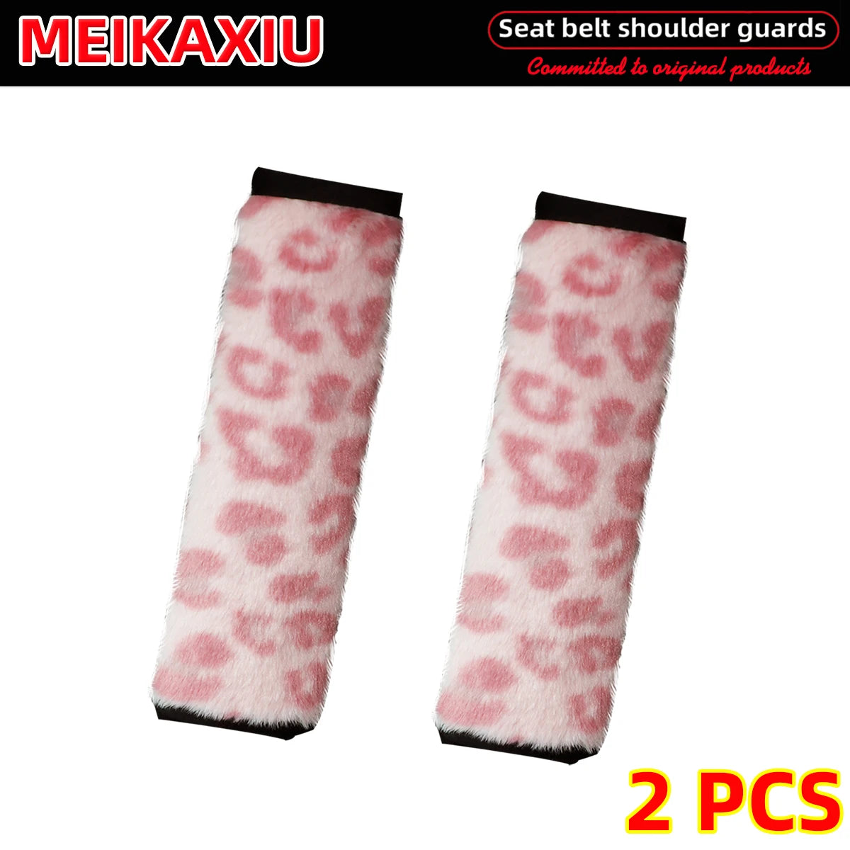 Leopard Print Plush Seat Belt Shoulder Pad Covers Soft Comfort Safety Belt Protectors