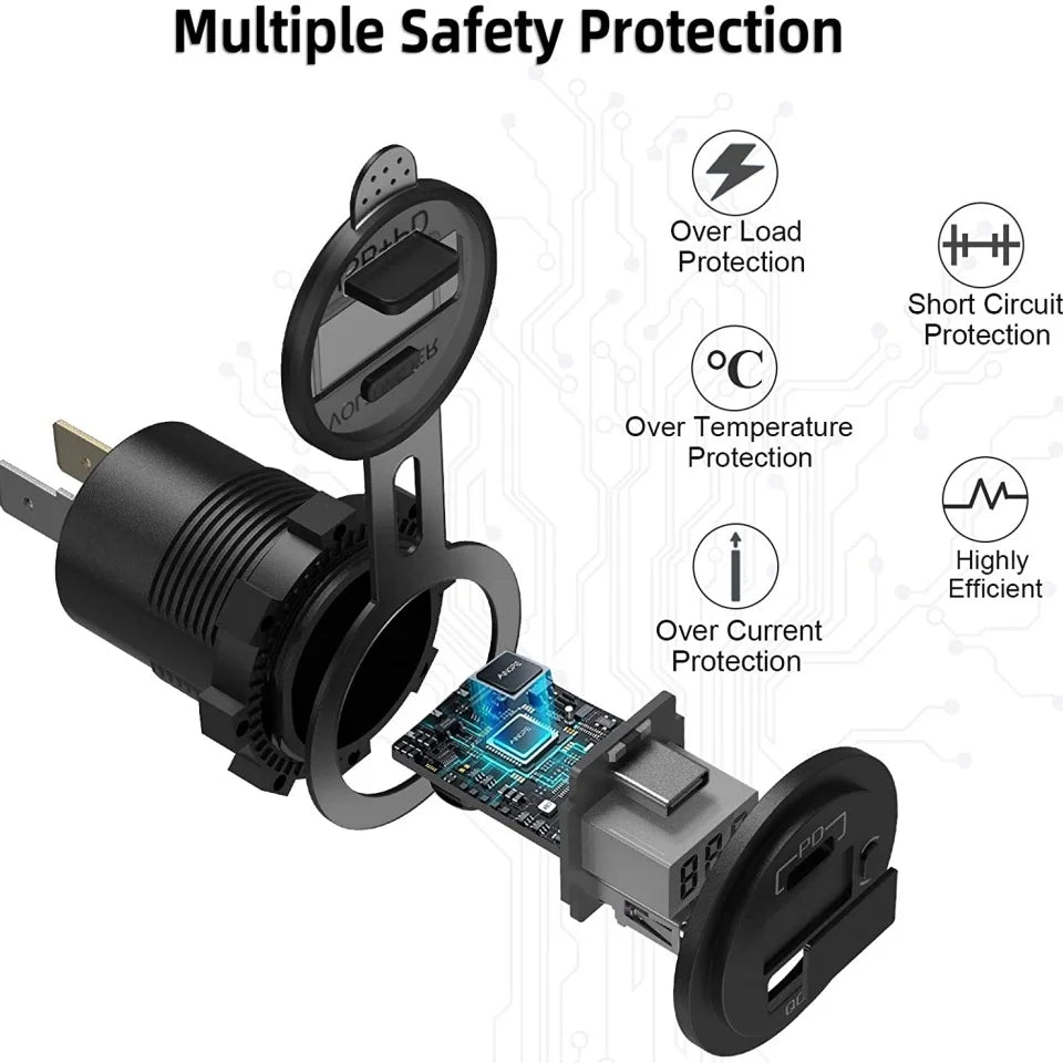 12V 48W USB Charger Socket PD Type C QC3.0 Waterproof Car Boat Marine Truck