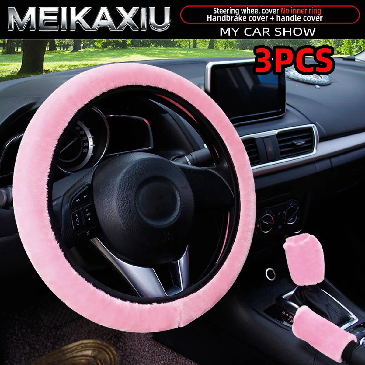 3PCS Winter Plush Car Interior Cover Set Steering Wheel Gear Shift Handbrake Cover