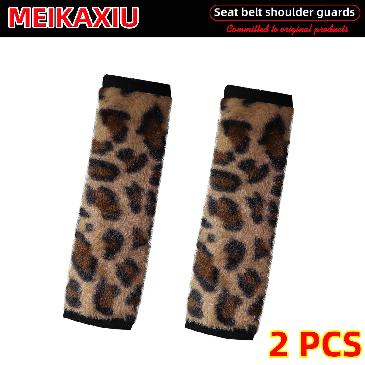 Leopard Print Plush Seat Belt Shoulder Pad Covers Soft Comfort Safety Belt Protectors