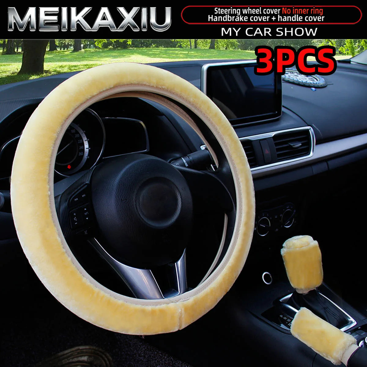 3PCS Winter Plush Car Interior Cover Set Steering Wheel Gear Shift Handbrake Cover