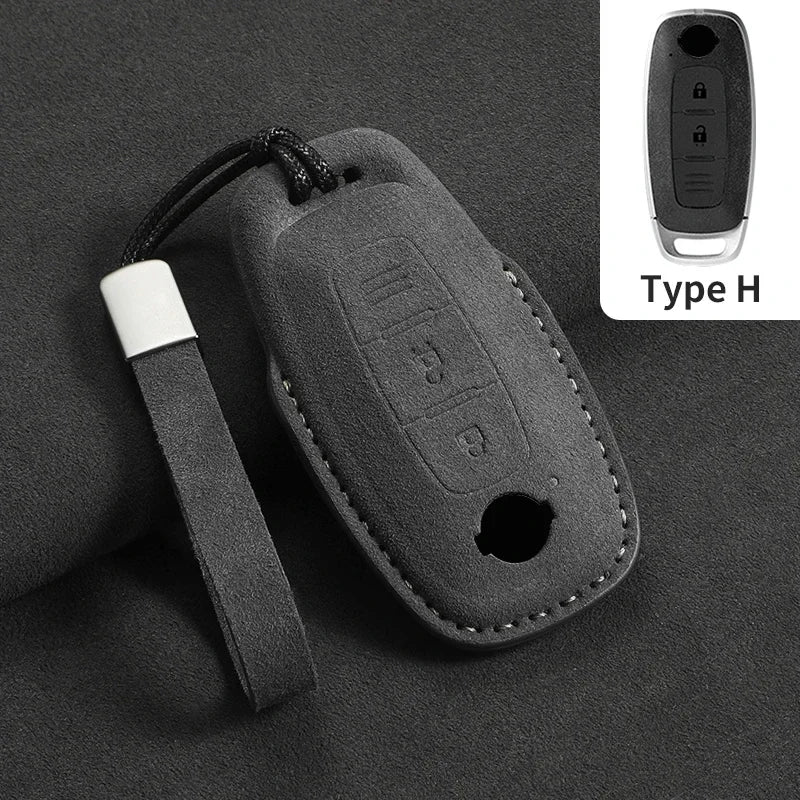 3-Button Suede Smart Key Case Cover with Keyring for Nissan Qashqai X-Trail