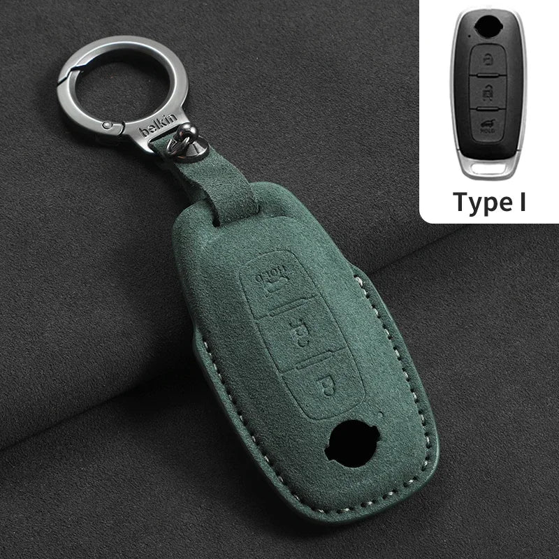 3-Button Suede Smart Key Case Cover with Keyring for Nissan Qashqai X-Trail