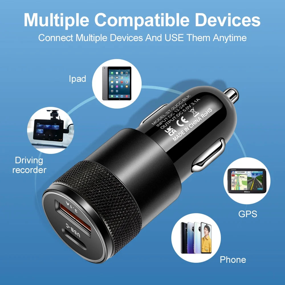 66W USB Car Charger PD Type C Fast Charging Adapter 12V/24V Cigarette Lighter