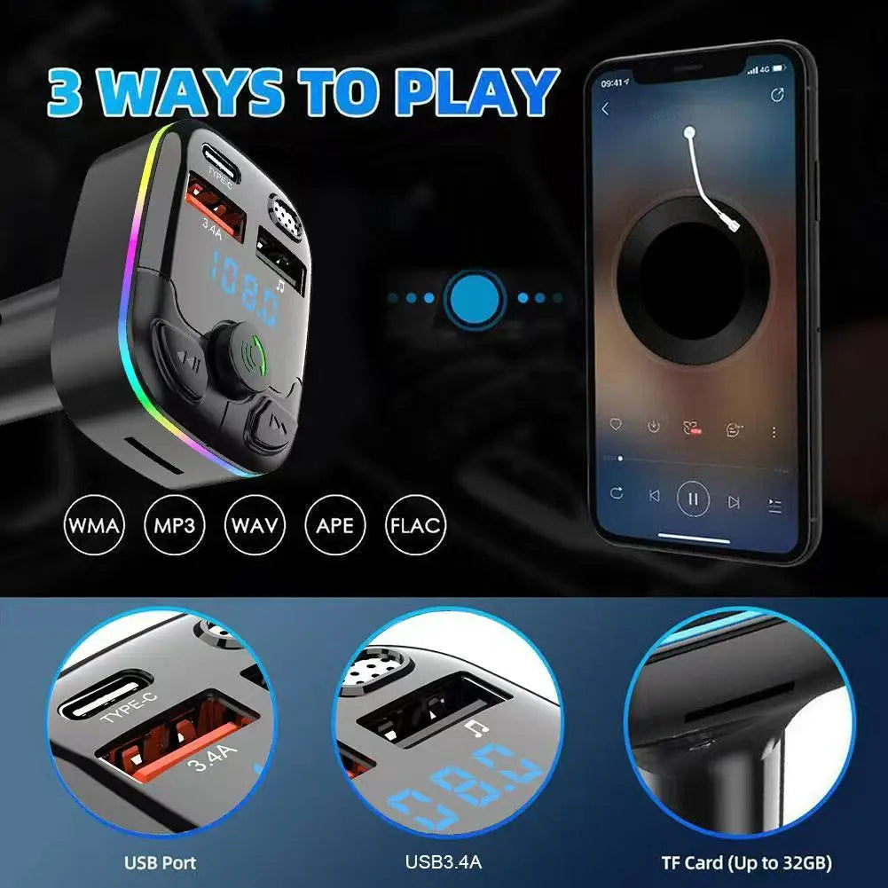 Bluetooth 5.0 FM Transmitter Car Charger PD Type-C Dual USB Handsfree MP3