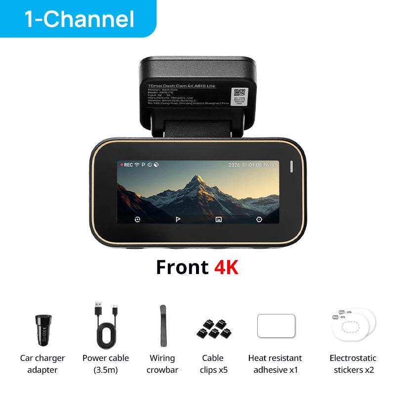 70mai A810 Lite 4K HDR Dash Cam with 1080P Rear Camera Wi-Fi 6 GPS Car DVR