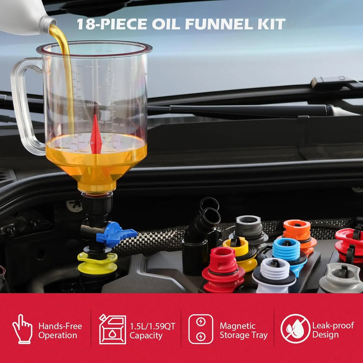 18pc Engine Oil Funnel Kit 1.59Qt with 12 Adapters Magnetic Storage Car Tool