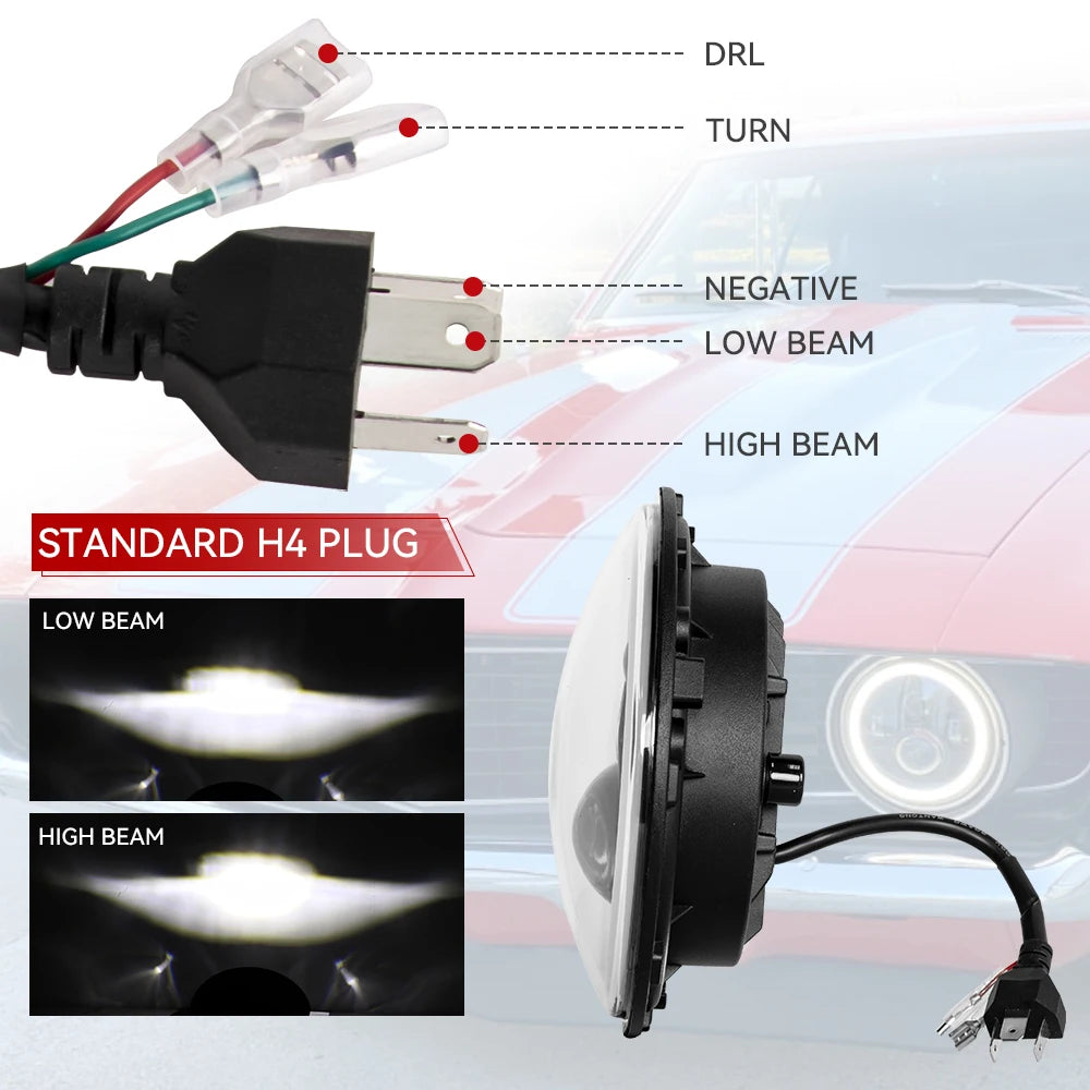 2PCS 7-Inch Round LED Headlights for Jeep Wrangler JK TJ, Hummer H1 H2