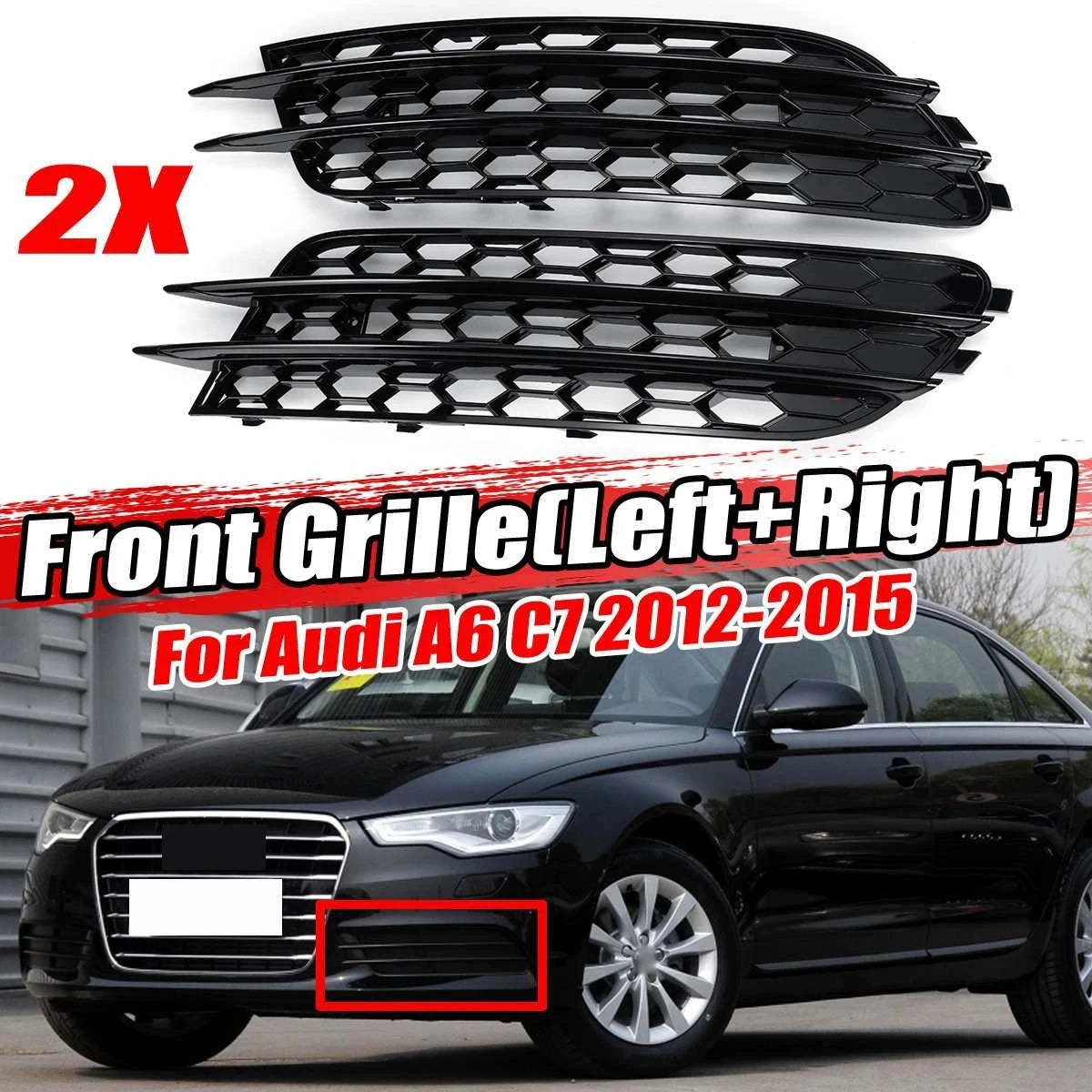 Gloss Black Honeycomb Fog Light Grille for Audi A6 C7 Sedan 2012–2015