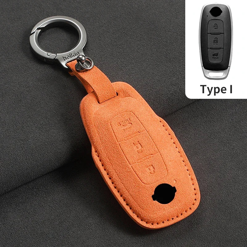 3-Button Suede Smart Key Case Cover with Keyring for Nissan Qashqai X-Trail