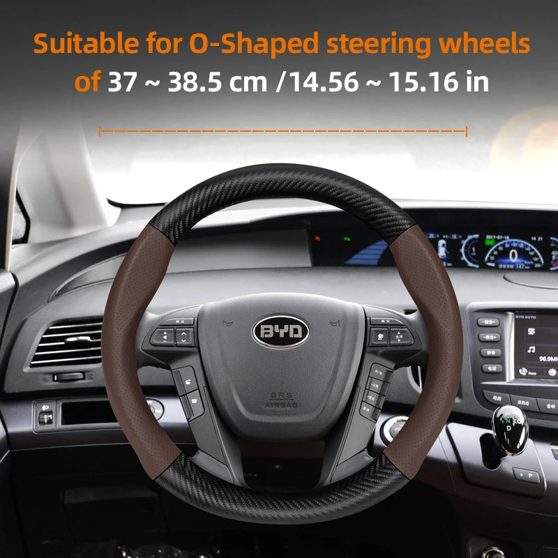 Leather Carbon Fiber Steering Wheel Cover for BYD Breathable Matte Universal Fit