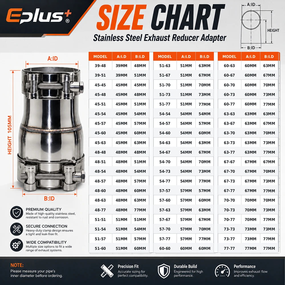 EPLUS Stainless Steel Exhaust Pipe Reducer Adapter Universal No Weld Connector