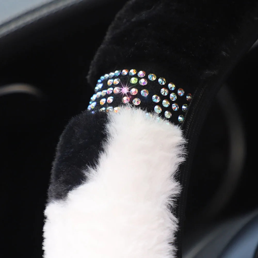 15" Bling Plush Cow Pattern Steering Wheel Cover Winter Warm Rhinestone Universal