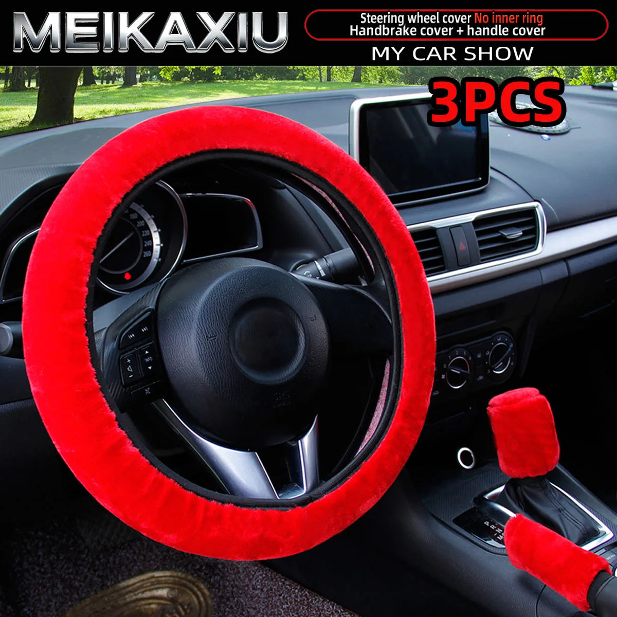 3PCS Winter Plush Car Interior Cover Set Steering Wheel Gear Shift Handbrake Cover