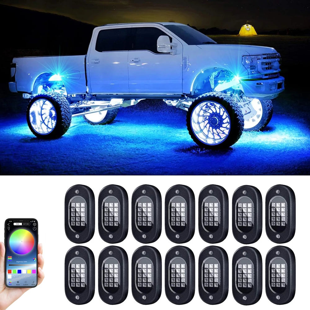 RGB LED Rock Lights 4-14 Pods APP Music Sync Underglow Chassis Lights