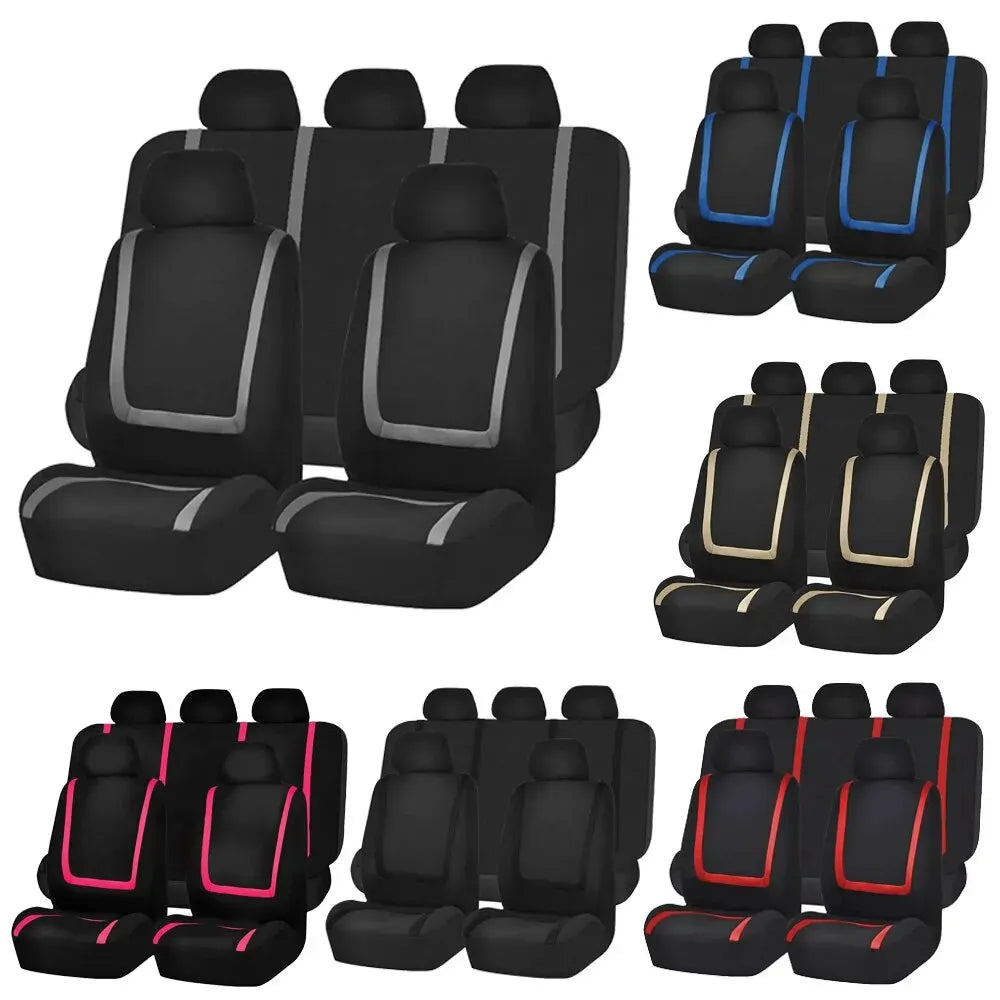 Universal Stripe Style Car Seat Covers Polyester Fabric & Leather 5-Seat Interior Set