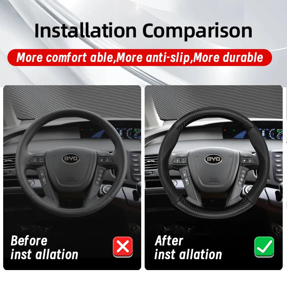 Leather Carbon Fiber Steering Wheel Cover for BYD Breathable Matte Universal Fit