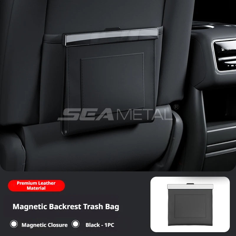 Leather Car Trash Can Magnetic Seat Back Hanging Storage Bag Organizer