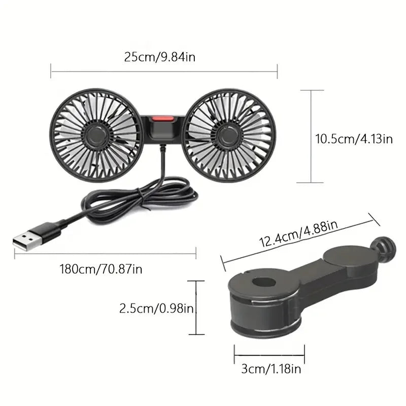 360° Dual Head Car Seat Fan 3 Speed USB Rechargeable Adjustable Cooling