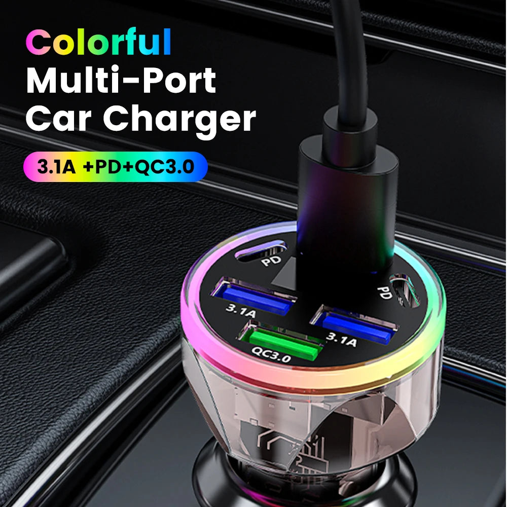 6 Port Car USB Charger 4 USB + 2 Type C PD QC3.0 Fast Charge Digital Display