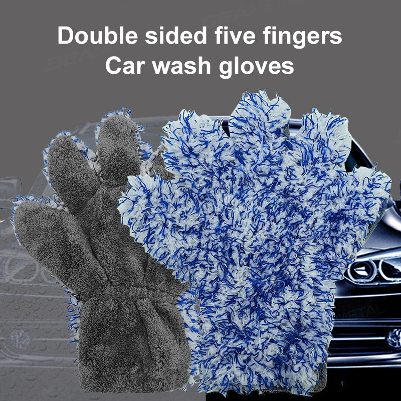 SEAMETAL 5 Finger Car Wash Glove Double Sided Plush Coral Cleaning Mitt