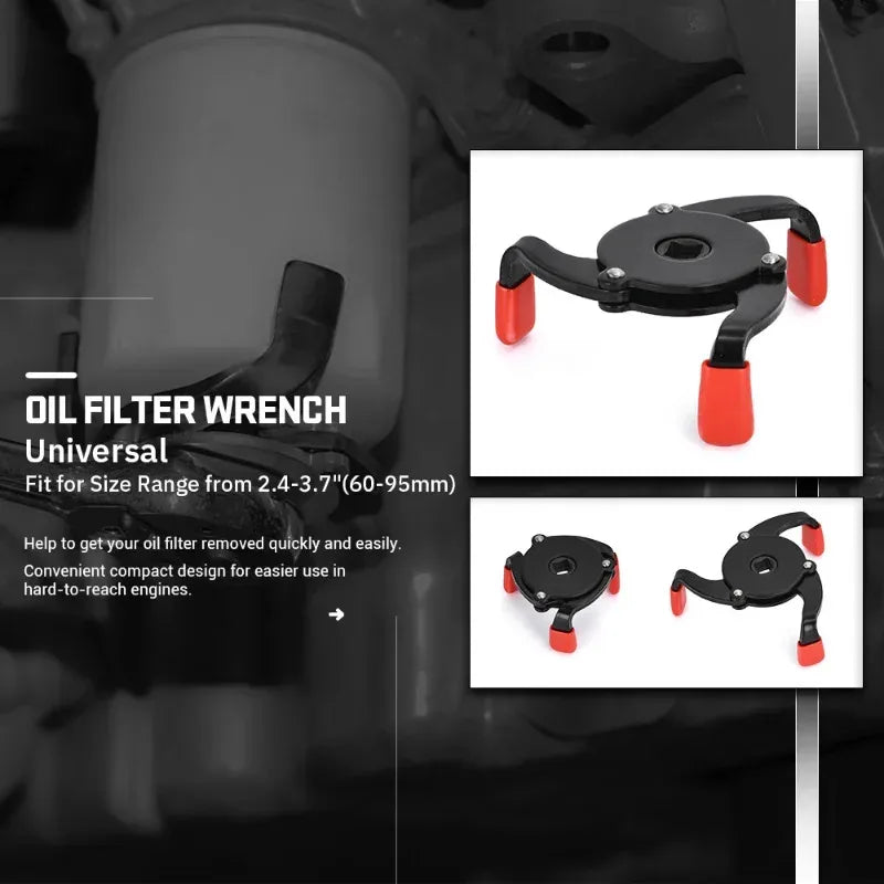 3 Jaw Oil Filter Wrench 60-95mm Adjustable 3/8in Drive Car Repair Tool