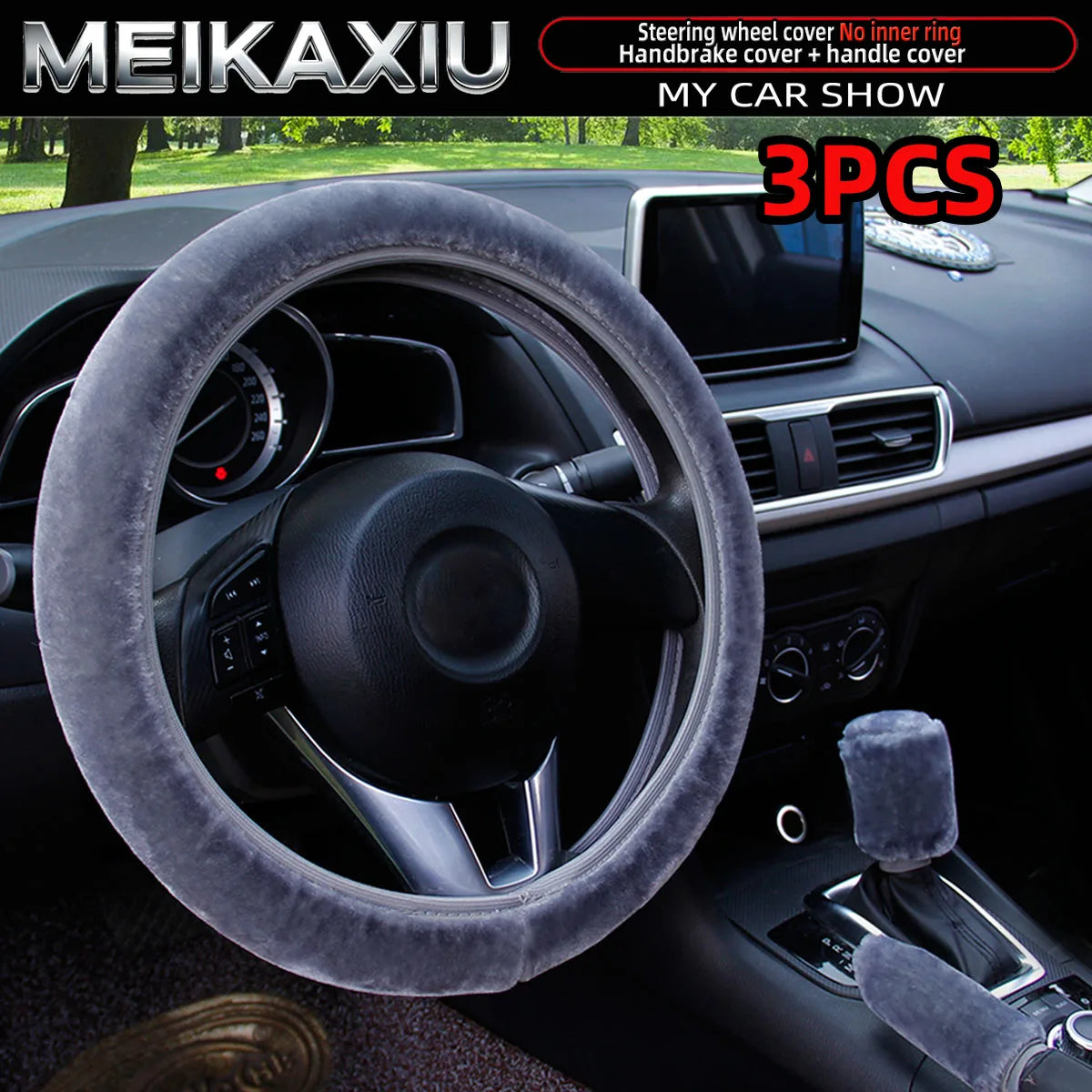 3PCS Winter Plush Car Interior Cover Set Steering Wheel Gear Shift Handbrake Cover