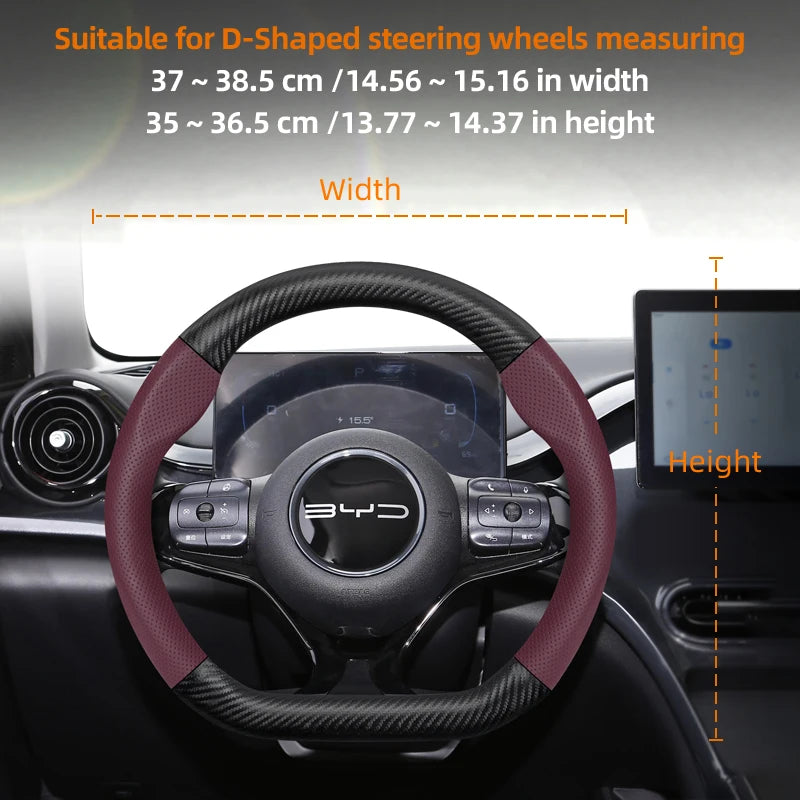 Leather Carbon Fiber Steering Wheel Cover for BYD Breathable Matte Universal Fit
