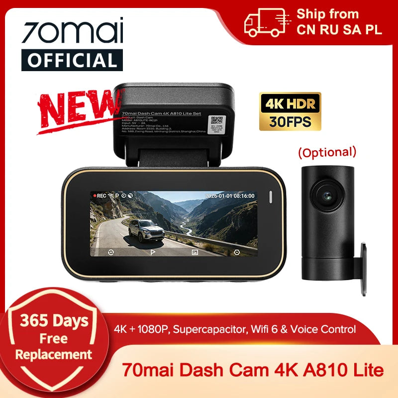 70mai A810 Lite 4K HDR Dash Cam with 1080P Rear Camera Wi-Fi 6 GPS Car DVR