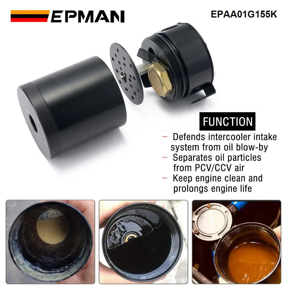 EPMAN Baffled Oil Catch Can 350ml Aluminum 2 Port Tank with Drain Valve