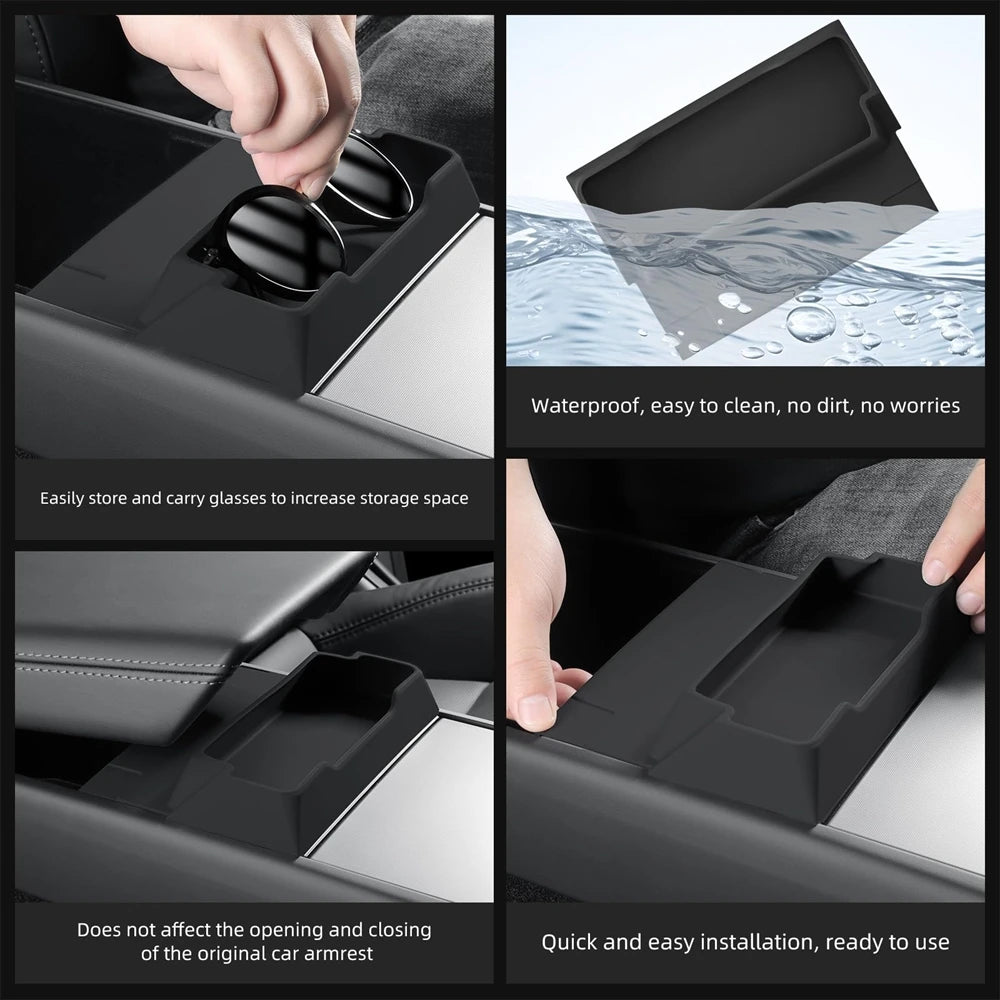 Center Console Armrest Storage Box with Glasses Holder for Tesla 3 Highland 2024-2025