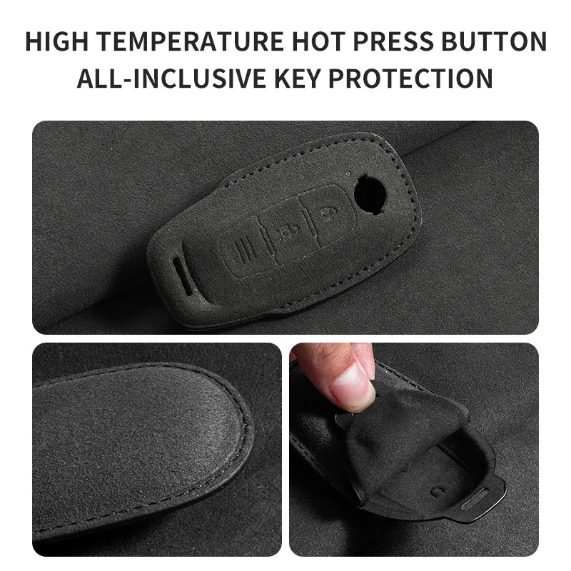3-Button Suede Smart Key Case Cover with Keyring for Nissan Qashqai X-Trail