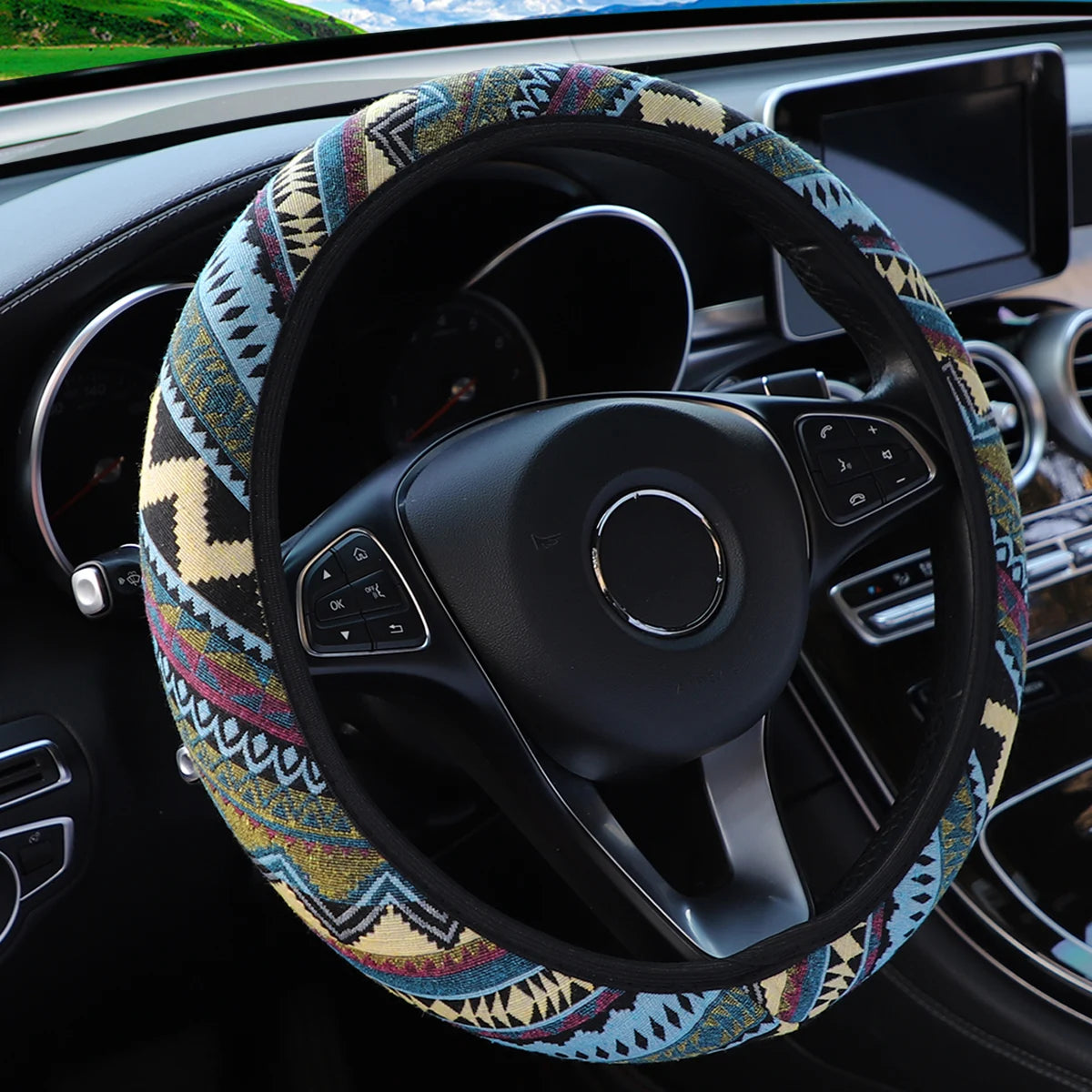 14.5-15 Inch Bohemian Linen Steering Wheel Cover Universal Breathable Non-Slip