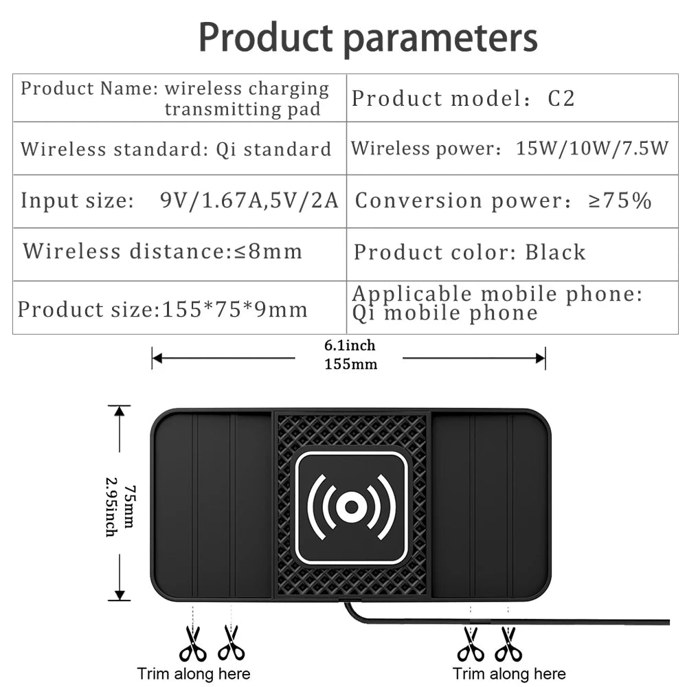 15W Fast Wireless Car Charger Pad Non-Slip Rubber Mat USB Powered Phone Pad