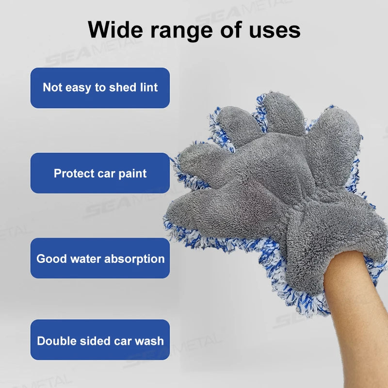 SEAMETAL 5 Finger Car Wash Glove Double Sided Plush Coral Cleaning Mitt